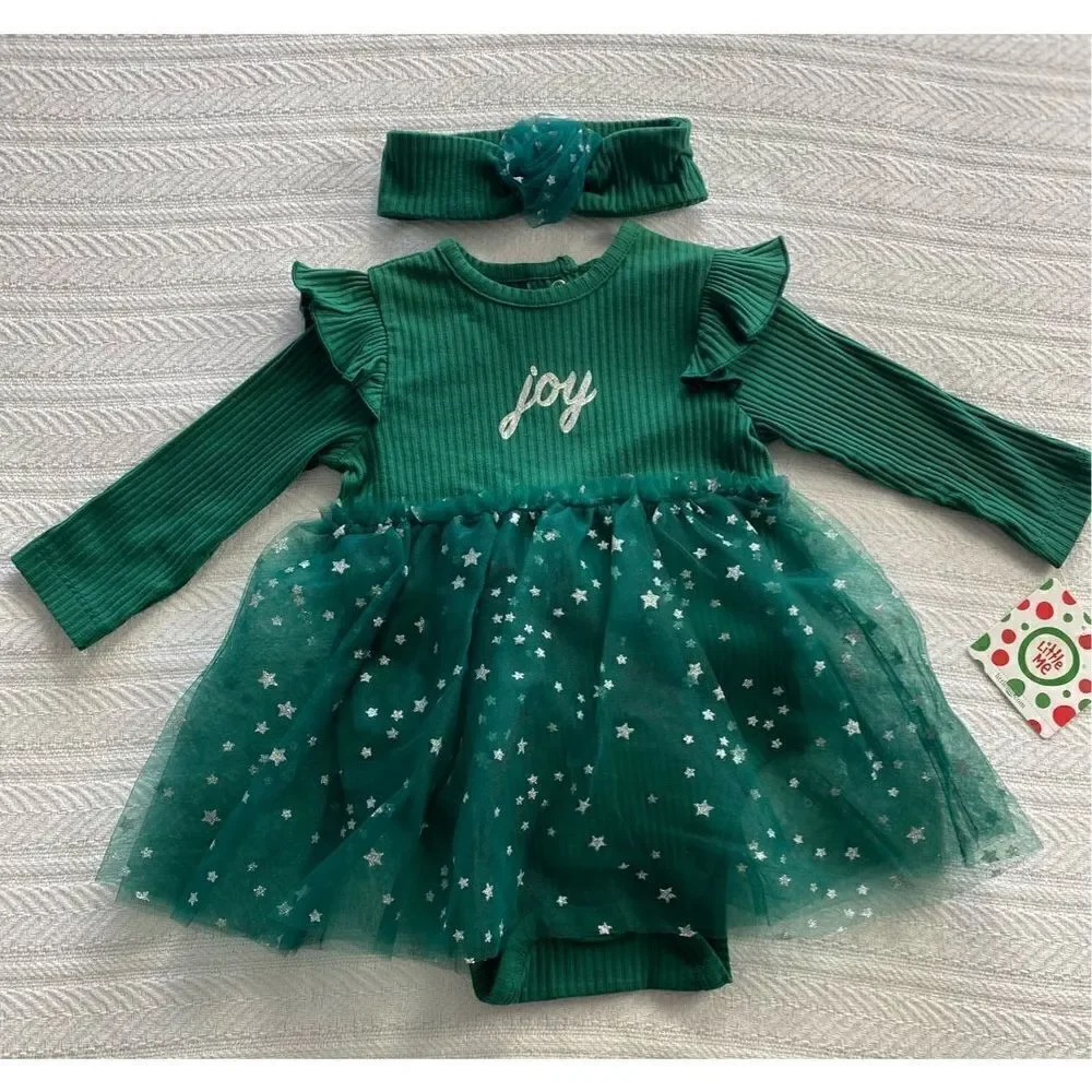 LITTLE ME BABY GIRL 9 MONTH “JOY” GREEN Bodysuit Dress with Matching Headband